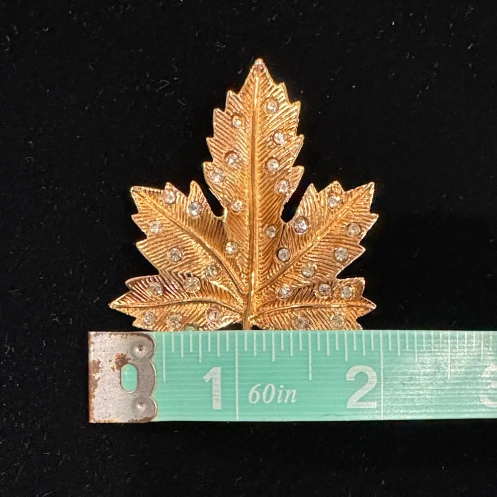 Gold Leaf Brooch with Rhinestone Accents